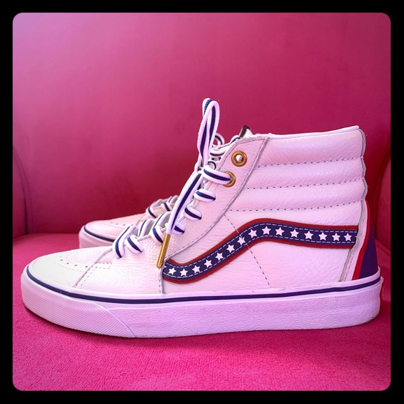 white vans with red and blue stripe